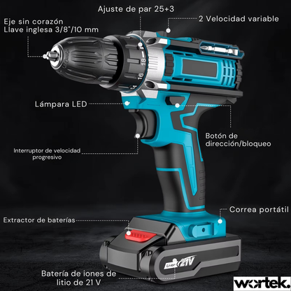 Kit Taladro Inalámbrico Profesional con Doble Batería y Maletín de Accesorios – 18 Niveles de Torsión